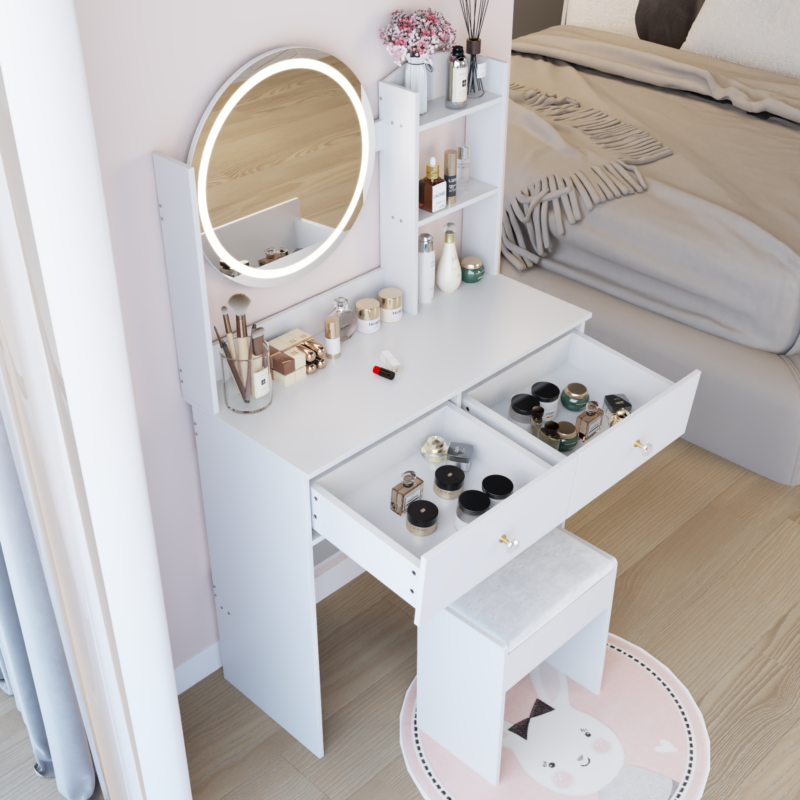 17" Round LED Mirror Vanity Table + Soft Cushion Stool Suit, Large Mirror, Touch Switch, 3 colors, Adjustable Brightness, Large Desktop, Multi-layer High Capacity Storage, Suitable For Small Space - Image 8