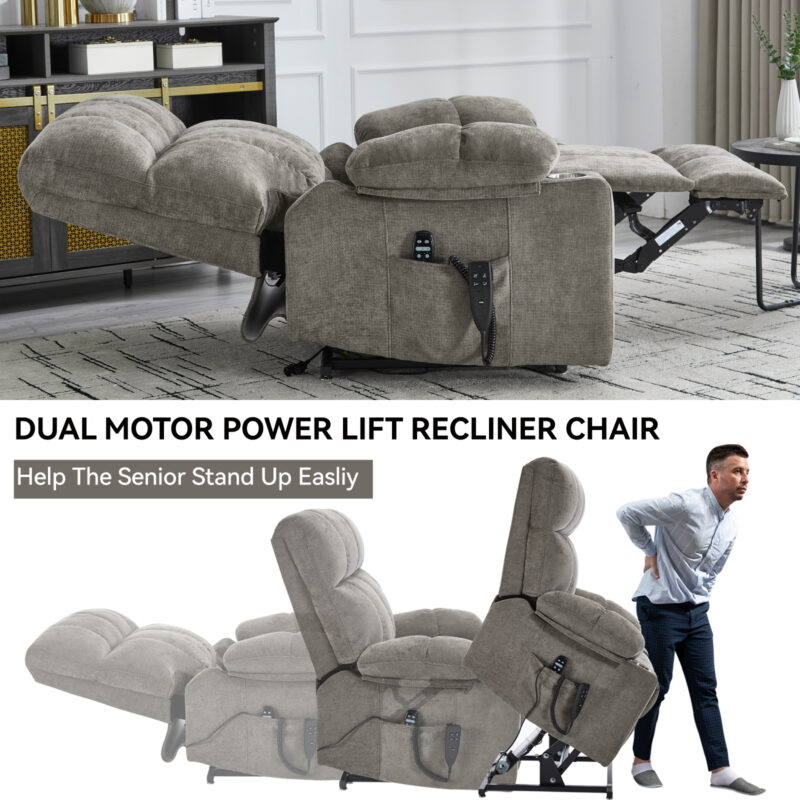 Grey Dual Motor Infinite Position Up to 350 LBS Chenille Power Lift Recliner Chair, Heavy Duty Motion Mechanism with 8-Point Vibration Massage and Lumbar Heating, Dual Cup Holders - Image 22