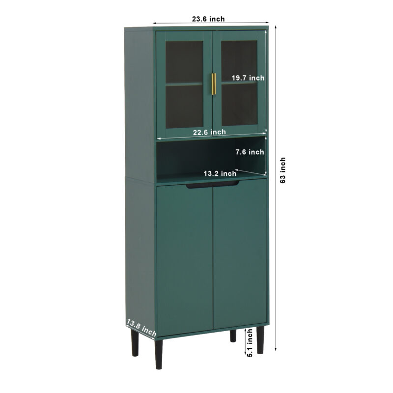 Tempered Glass Door Tall Storage Bookcase with adjustable board, 4 doors MDF painting finished cabinet, Green, Living room Bedroom storage - Image 26