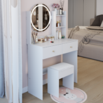 17" Round LED Mirror Vanity Table + Soft Cushion Stool Suit, Large Mirror, Touch Switch, 3 colors, Adjustable Brightness, Large Desktop, Multi-layer High Capacity Storage, Suitable For Small Space - Image 7