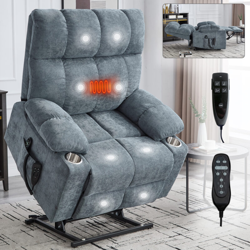 Grey Dual Motor Infinite Position Up to 350 LBS Chenille Power Lift Recliner Chair, Heavy Duty Motion Mechanism with 8-Point Vibration Massage and Lumbar Heating, Dual Cup Holders - Image 13