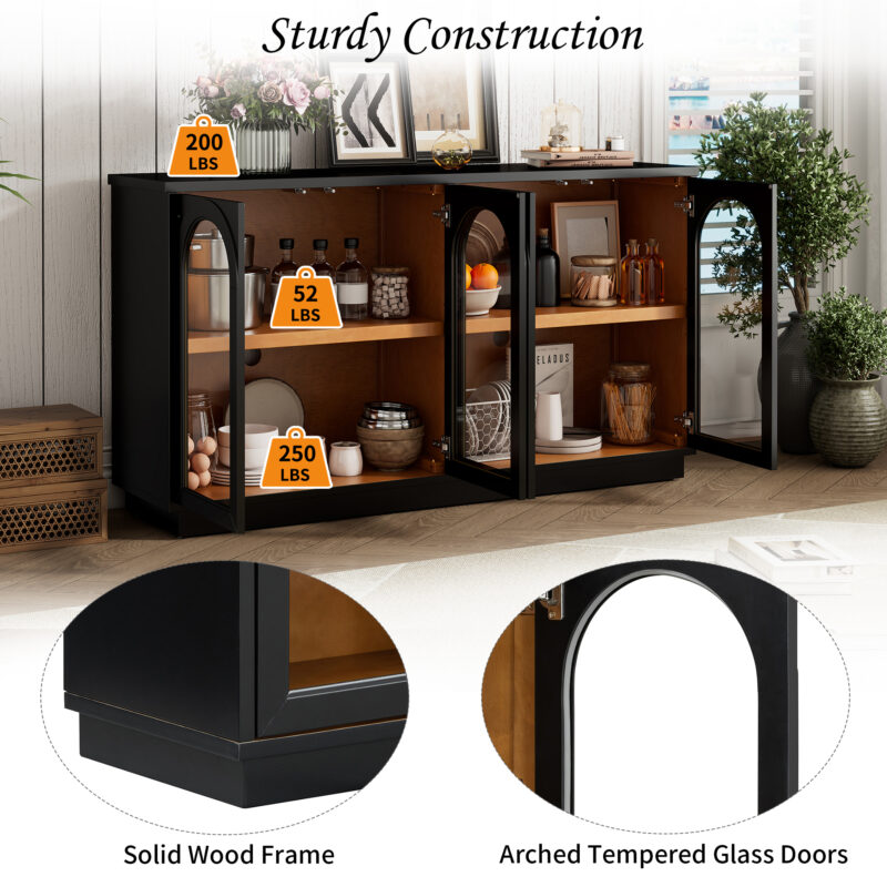 TREXM 4-Door Large Storage Buffet Cabinet with Glass Doors, Arched Cabinet with Adjustable Shelves for Kitchen, Dining Room and Living Room - Image 18