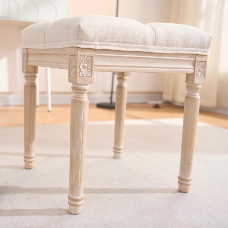 French Style Bench, Linen Fabric Entryway Bench, Upholstered Tufted End of Bed Bench with Brushed Wood Legs, Beige - Image 3