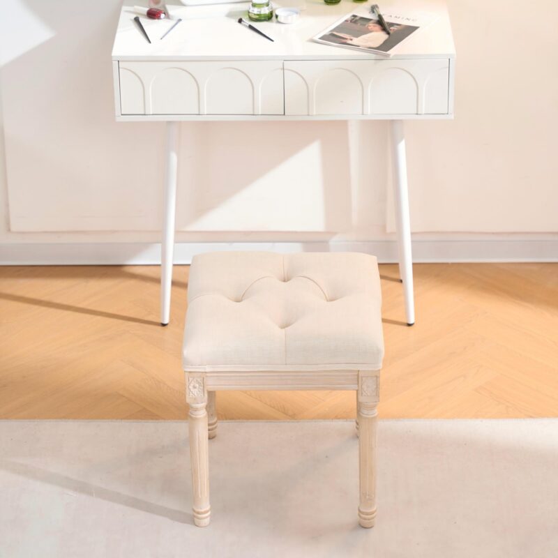 French Style Bench, Linen Fabric Entryway Bench, Upholstered Tufted End of Bed Bench with Brushed Wood Legs, Beige - Image 7