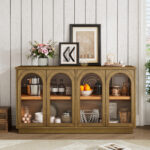 TREXM 4-Door Large Storage Buffet Cabinet with Glass Doors, Arched Cabinet with Adjustable Shelves for Kitchen, Dining Room and Living Room - Image 15