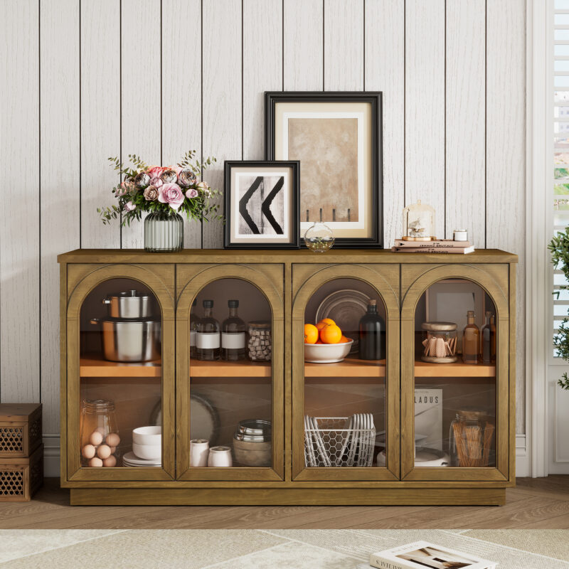 TREXM 4-Door Large Storage Buffet Cabinet with Glass Doors, Arched Cabinet with Adjustable Shelves for Kitchen, Dining Room and Living Room - Image 15