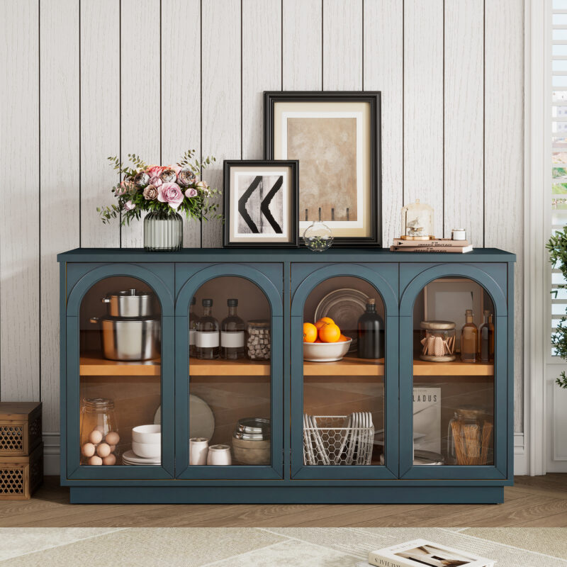 TREXM 4-Door Large Storage Buffet Cabinet with Glass Doors, Arched Cabinet with Adjustable Shelves for Kitchen, Dining Room and Living Room - Image 5