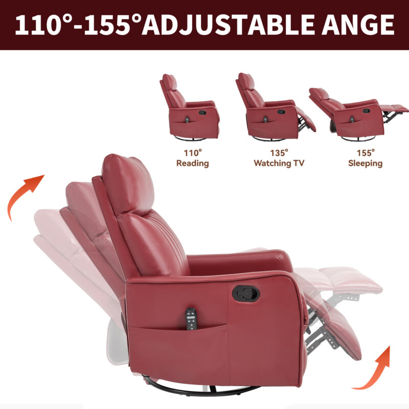 Red Faux Leather Heat Massage Manual Recliner Chair with Rocker and Swivel for Living Room - Image 22