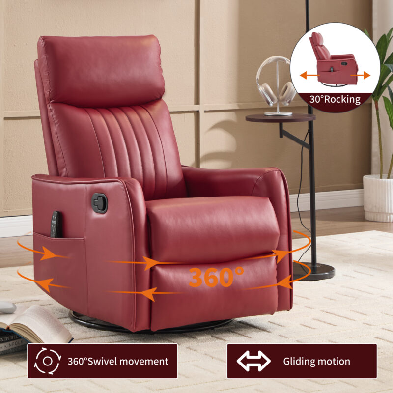 Red Faux Leather Heat Massage Manual Recliner Chair with Rocker and Swivel for Living Room - Image 23