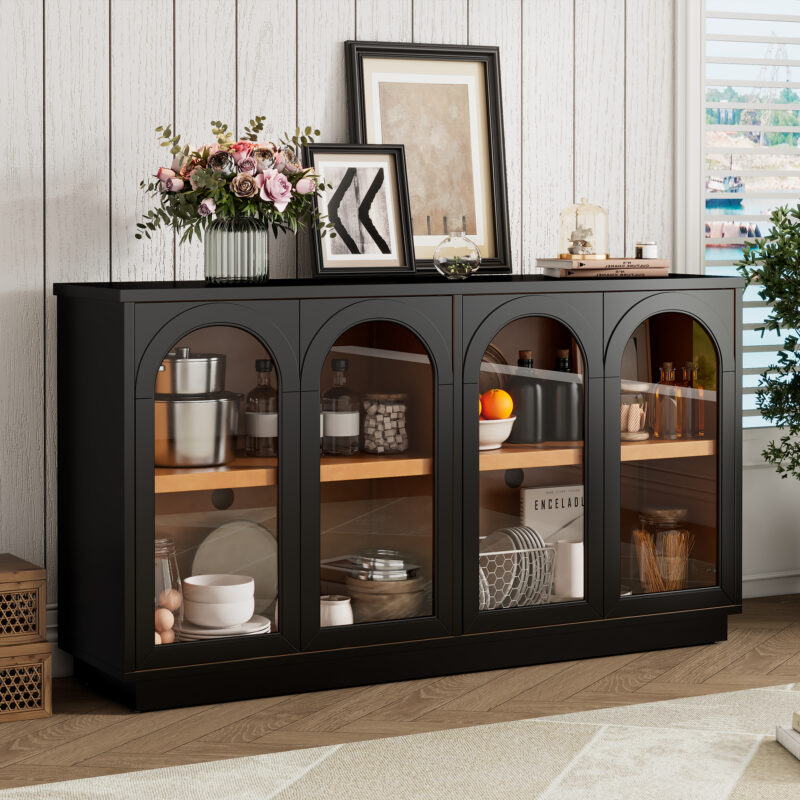 TREXM 4-Door Large Storage Buffet Cabinet with Glass Doors, Arched Cabinet with Adjustable Shelves for Kitchen, Dining Room and Living Room - Image 21