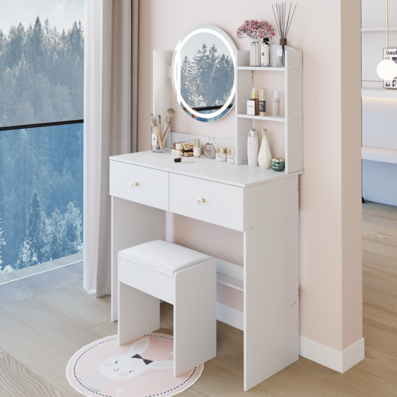 17" Round LED Mirror Vanity Table + Soft Cushion Stool Suit, Large Mirror, Touch Switch, 3 colors, Adjustable Brightness, Large Desktop, Multi-layer High Capacity Storage, Suitable For Small Space - Image 4