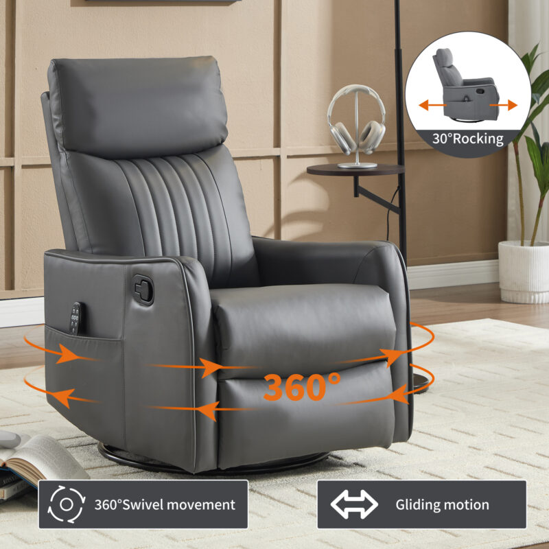 Red Faux Leather Heat Massage Manual Recliner Chair with Rocker and Swivel for Living Room - Image 20