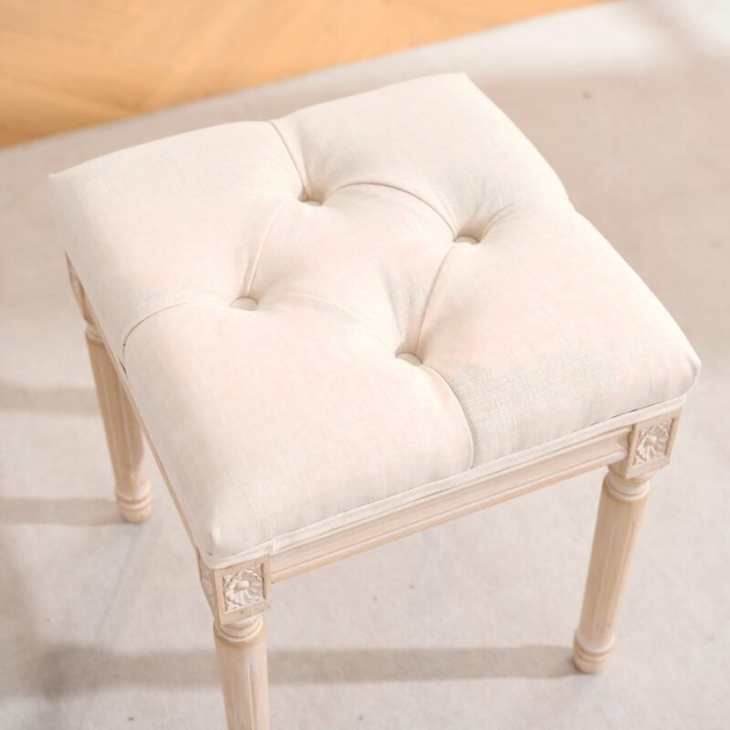 French Style Bench, Linen Fabric Entryway Bench, Upholstered Tufted End of Bed Bench with Brushed Wood Legs, Beige - Image 5