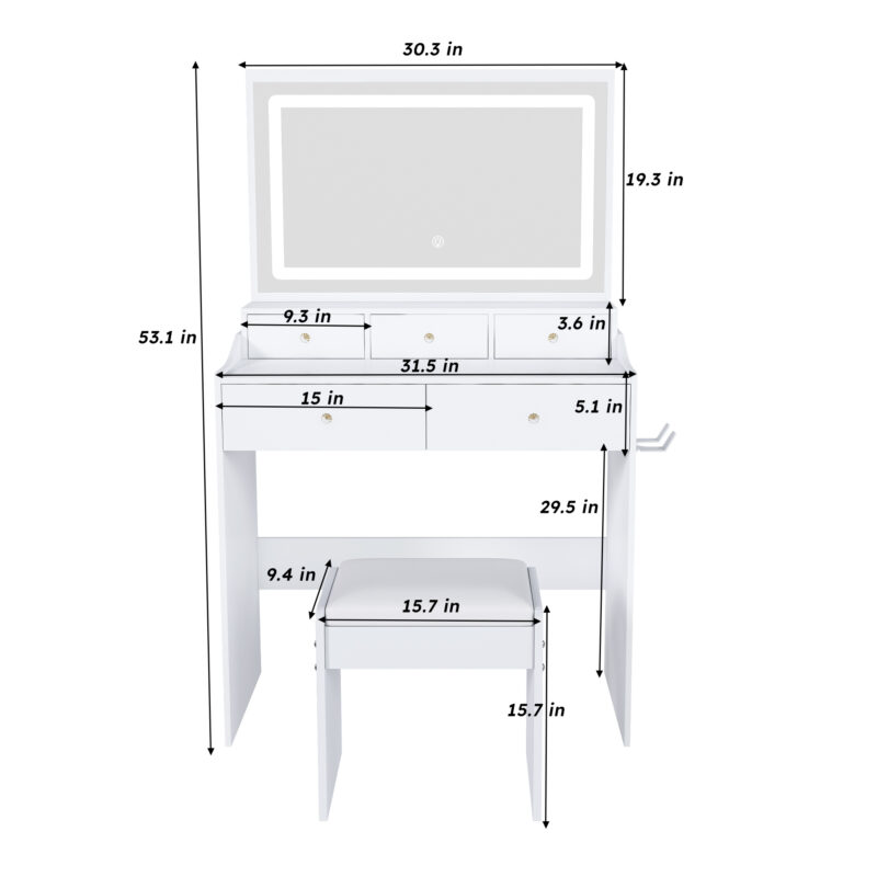 New Large Mirror Vanity Desk for Bed room , Modern Makeup Vanity Set with Power Outlet and Hair dryer holder, 5 Drawers , 3 Lighting Color Adjustable Dressing Table for Bedroom - Image 11