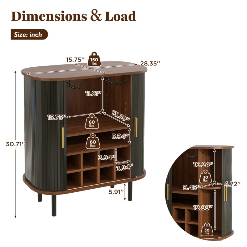 28" Fluted Wine Bar Cabinet with 8-Grid Wine Rack, 5-Level Adjustable Shelves, 2 Glass Holders, Smoothly Sliding Tambour Doors, 4 Hidden Storage Space on the Side,Modern Liquor Coffee Station - Image 30