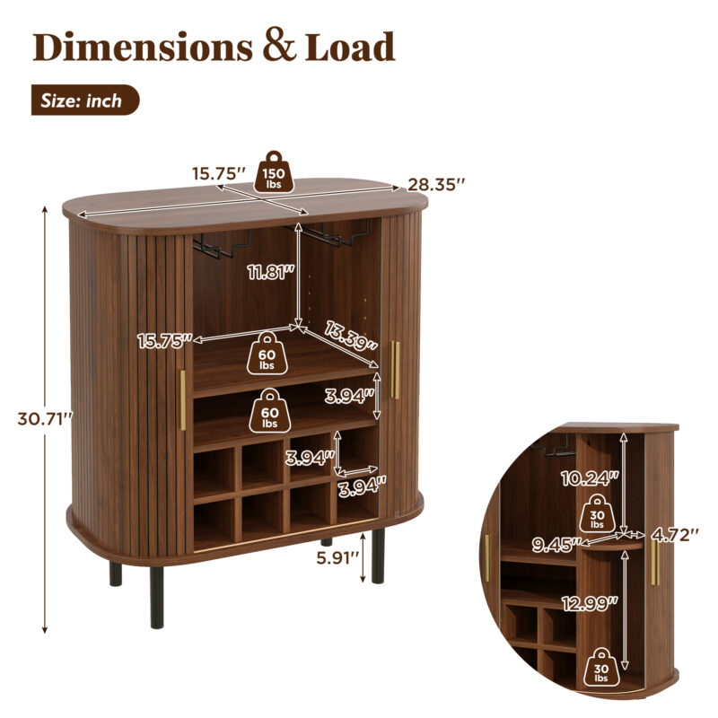 28" Fluted Wine Bar Cabinet with 8-Grid Wine Rack, 5-Level Adjustable Shelves, 2 Glass Holders, Smoothly Sliding Tambour Doors, 4 Hidden Storage Space on the Side,Modern Liquor Coffee Station - Image 22