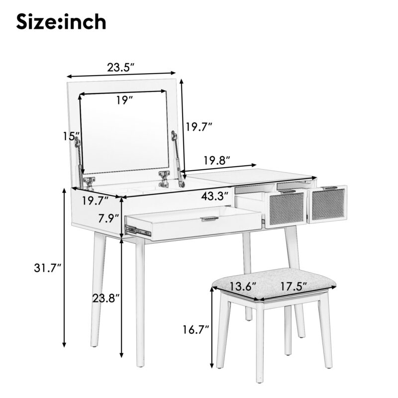43.3" Classic Wood Makeup Vanity Set with Flip-top Mirror and Stool, Dressing Table with Three Drawers and storage space, Brown - Image 14