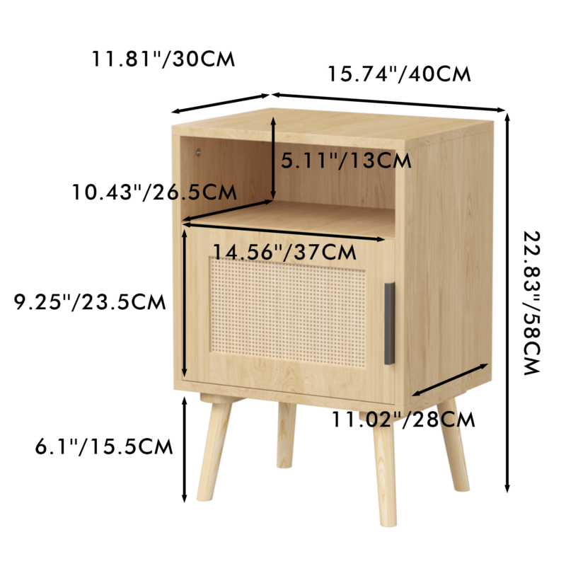 22.83'' H Rattan Nightstand, Side Table with Door Open Shelf, Accent Bedside End Table with Solid Wood Legs for Bedroom, Dorm and Small Spaces, Oak - Image 7