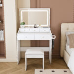 New Large Mirror Vanity Desk for Bed room , Modern Makeup Vanity Set with Power Outlet and Hair dryer holder, 5 Drawers , 3 Lighting Color Adjustable Dressing Table for Bedroom