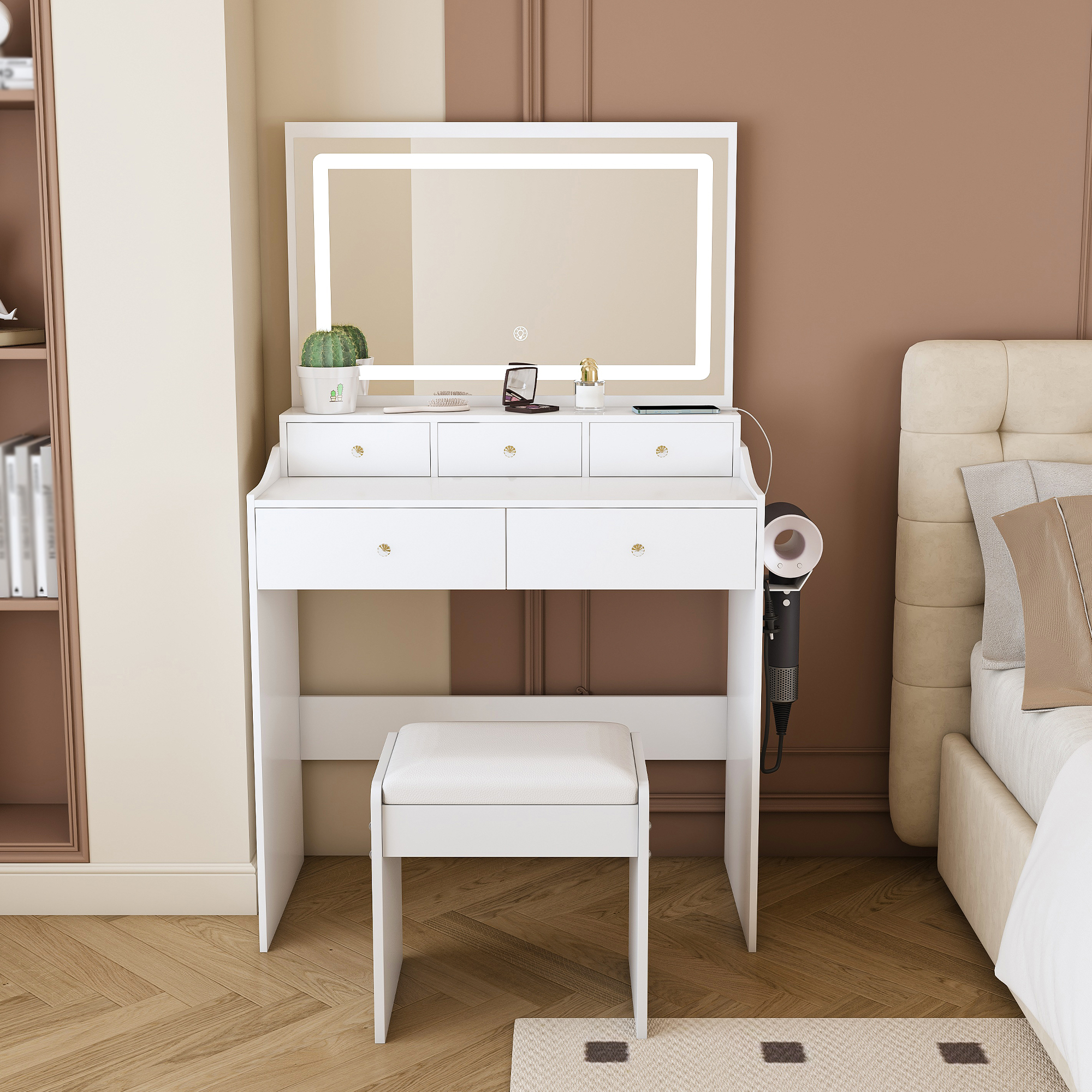 Lifestyle Main Image New Large Mirror Vanity Desk for Bed room , Modern Makeup Vanity Set with Power Outlet and Hair dryer holder, 5 Drawers , 3 Lighting Color Adjustable Dressing Table for Bedroom - Image 1