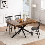 55.11" -70.86"Retro Rectangular Stretch Dining Table, Antique Wood Top And Black Relief Plate, Black Fine Sand Cross Iron Foot Base Dining Table, With Storage Box - Image 3