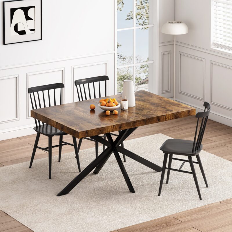 55.11" -70.86"Retro Rectangular Stretch Dining Table, Antique Wood Top And Black Relief Plate, Black Fine Sand Cross Iron Foot Base Dining Table, With Storage Box - Image 3