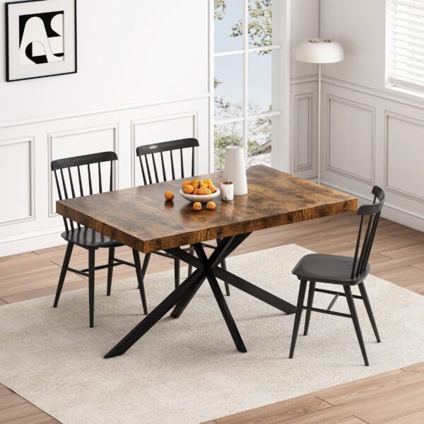 55.11" -70.86"Retro Rectangular Stretch Dining Table, Antique Wood Top And Black Relief Plate, Black Fine Sand Cross Iron Foot Base Dining Table, With Storage Box