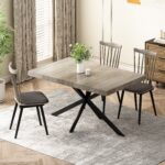 55.11" -70.86"Retro Rectangular Stretch Dining Table, Antique Wood Top And Black Relief Plate, Black Fine Sand Cross Iron Foot Base Dining Table, With Storage Box - Image 4