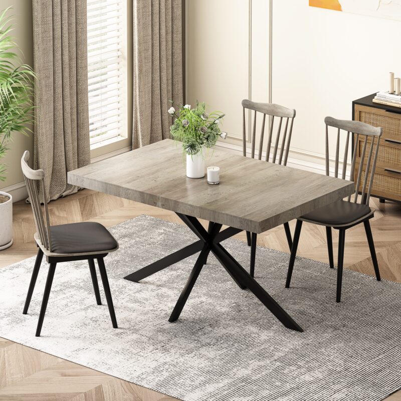 55.11" -70.86"Retro Rectangular Stretch Dining Table, Antique Wood Top And Black Relief Plate, Black Fine Sand Cross Iron Foot Base Dining Table, With Storage Box - Image 4