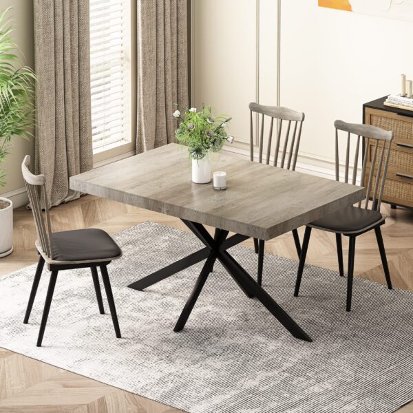 55.11" -70.86"Retro Rectangular Stretch Dining Table, Antique Wood Top And Black Relief Plate, Black Fine Sand Cross Iron Foot Base Dining Table, With Storage Box