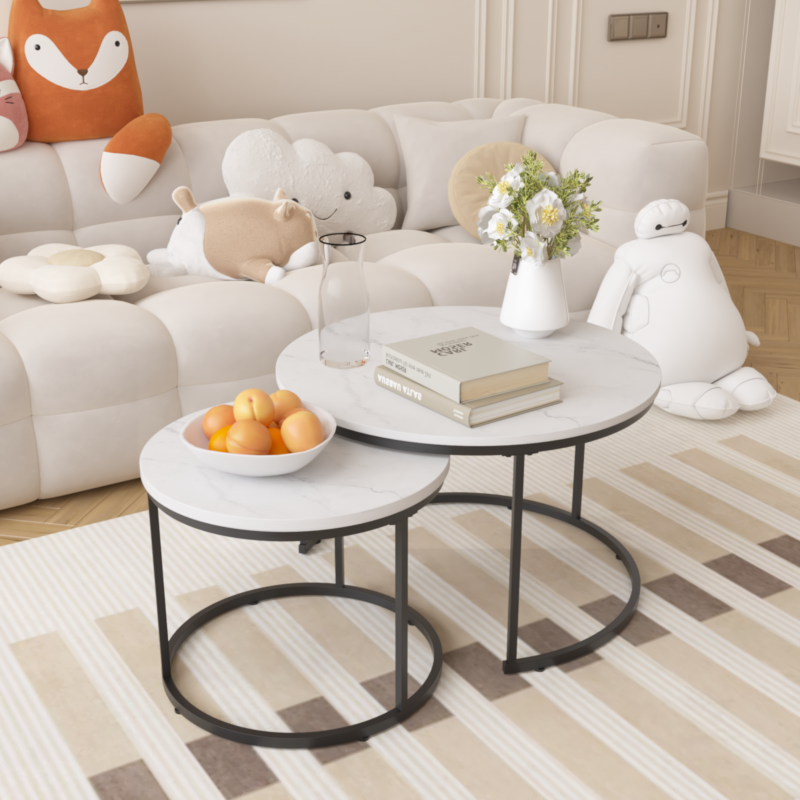 Nesting Coffee Table Set of 2, 27.6inch Round Coffee Table Wood Marble Pattern Top with Sturdy Metal Frame, End Table Side Tables for Living Room Bedroom Balcony Yard - Image 12