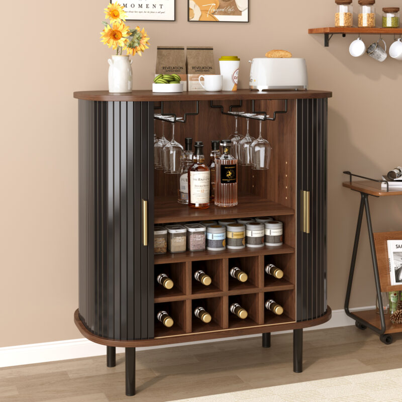 28" Fluted Wine Bar Cabinet with 8-Grid Wine Rack, 5-Level Adjustable Shelves, 2 Glass Holders, Smoothly Sliding Tambour Doors, 4 Hidden Storage Space on the Side,Modern Liquor Coffee Station - Image 29