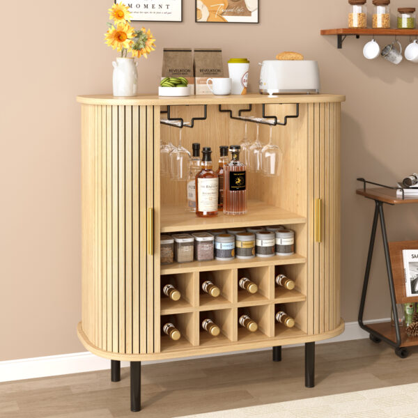 28" Fluted Wine Bar Cabinet with 8-Grid Wine Rack, 5-Level Adjustable Shelves, 2 Glass Holders, Smoothly Sliding Tambour Doors, 4 Hidden Storage Space on the Side,Modern Liquor Coffee Station