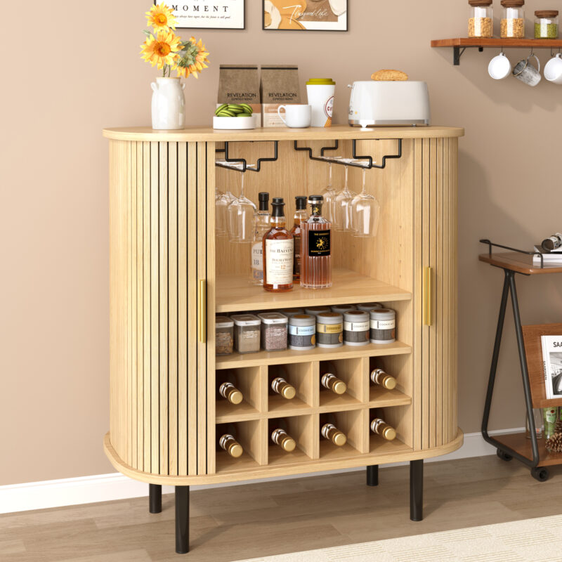 28" Fluted Wine Bar Cabinet with 8-Grid Wine Rack, 5-Level Adjustable Shelves, 2 Glass Holders, Smoothly Sliding Tambour Doors, 4 Hidden Storage Space on the Side,Modern Liquor Coffee Station - Image 2