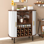 28" Fluted Wine Bar Cabinet with 8-Grid Wine Rack, 5-Level Adjustable Shelves, 2 Glass Holders, Smoothly Sliding Tambour Doors, 4 Hidden Storage Space on the Side,Modern Liquor Coffee Station - Image 9