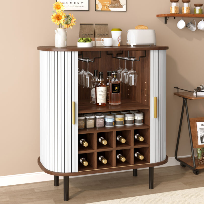 28" Fluted Wine Bar Cabinet with 8-Grid Wine Rack, 5-Level Adjustable Shelves, 2 Glass Holders, Smoothly Sliding Tambour Doors, 4 Hidden Storage Space on the Side,Modern Liquor Coffee Station - Image 9