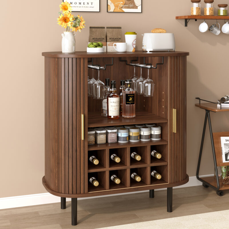 28" Fluted Wine Bar Cabinet with 8-Grid Wine Rack, 5-Level Adjustable Shelves, 2 Glass Holders, Smoothly Sliding Tambour Doors, 4 Hidden Storage Space on the Side,Modern Liquor Coffee Station - Image 15