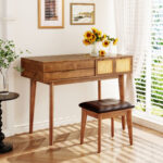 43.3" Classic Wood Makeup Vanity Set with Flip-top Mirror and Stool, Dressing Table with Three Drawers and storage space, Brown - Image 13