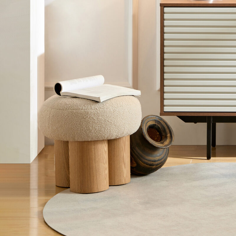 W8017-1 Mushroom stool, grieg plush cushion, wooden barrel PVC pipe, walnut finish - Image 14