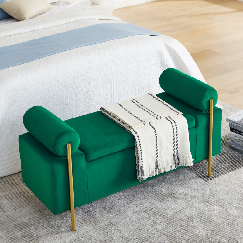 Elegant Upholstered Linen Storage Bench with Cylindrical Arms and Iron Legs for Hallway Living Room Bedroom - Image 27