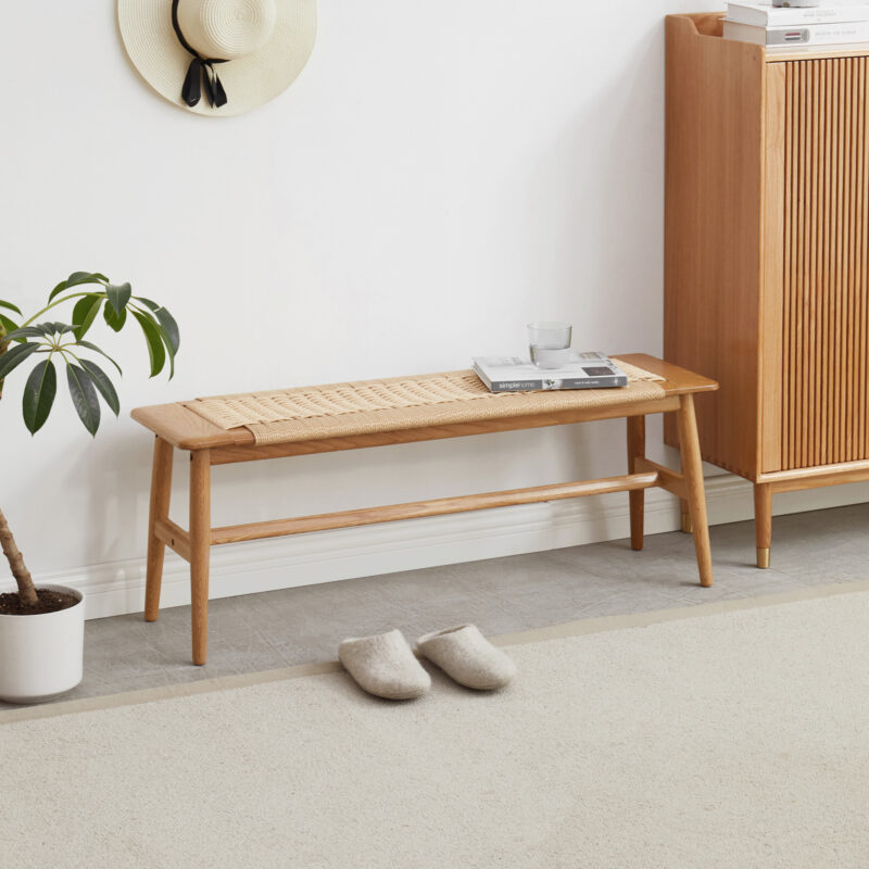 Woven Design Natural Oak Wood Dining Bench Bed Bench for Dining Room, Bedroom, Bathroom - Image 4