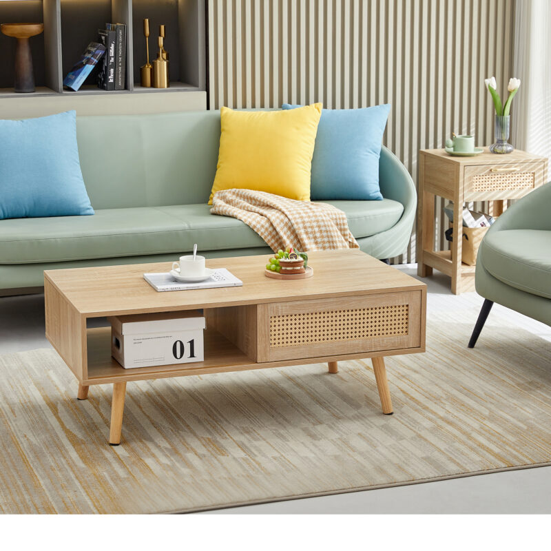 41.34" Rattan Coffee table, sliding door for storage, solid wood legs, Modern table for living room - Image 5