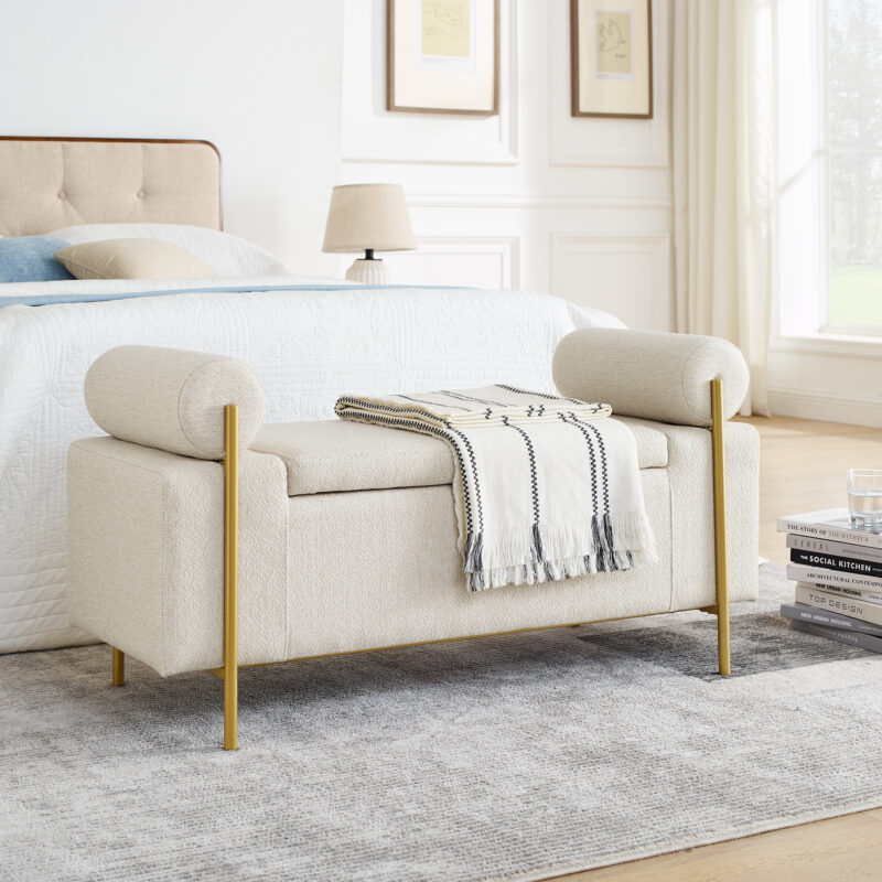 Elegant Upholstered Linen Storage Bench with Cylindrical Arms and Iron Legs for Hallway Living Room Bedroom - Image 19