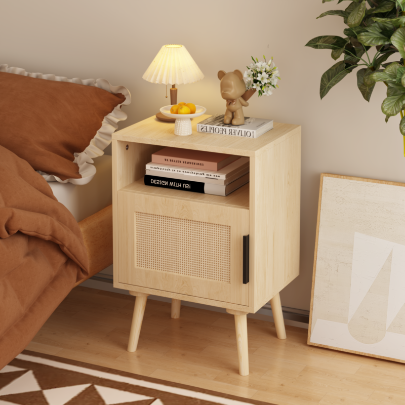 22.83'' H Rattan Nightstand, Side Table with Door Open Shelf, Accent Bedside End Table with Solid Wood Legs for Bedroom, Dorm and Small Spaces, Oak - Image 6