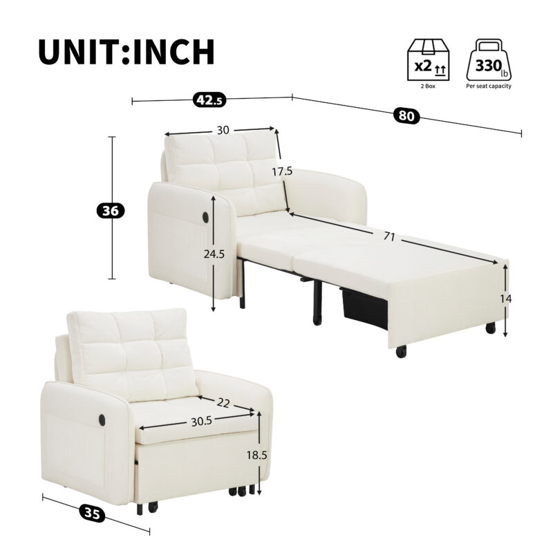 [NEW] 3-in-1 Sleeper Chair Bed, 80" Extra Long Pull Out Sleeping Lounge with USB Charging, Storage Pockets and Box, Tufted Design, Multi-Functional Chenille Single Sofa Bed for Living Room&Apartment - Image 18