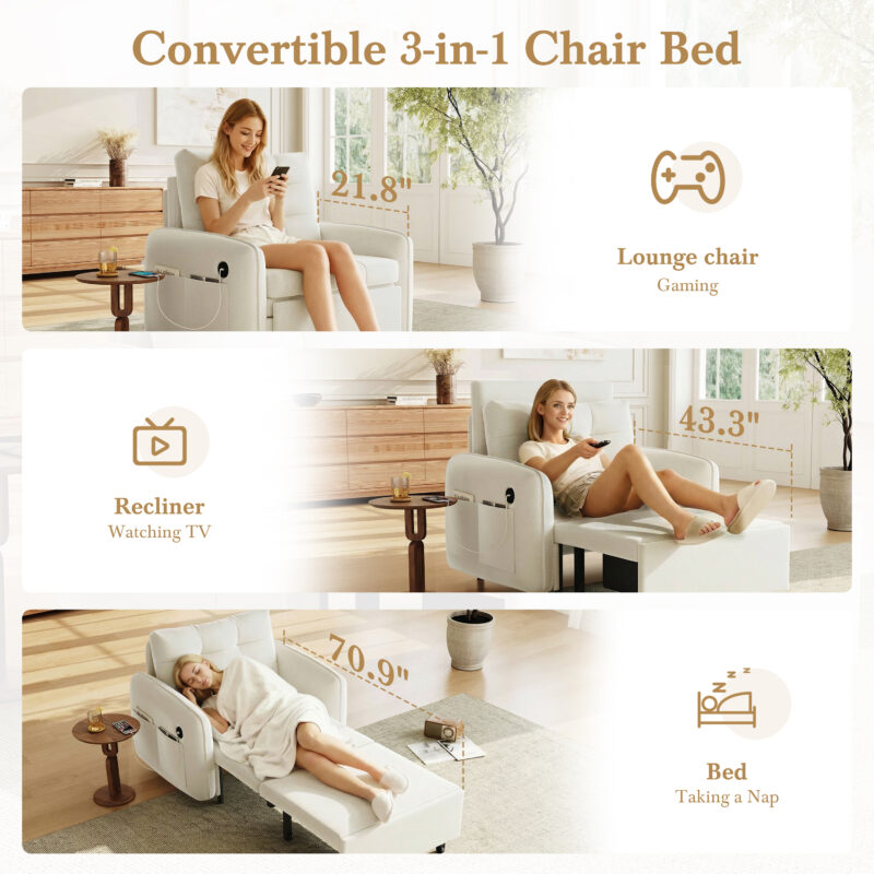 [NEW] 3-in-1 Sleeper Chair Bed, 80" Extra Long Pull Out Sleeping Lounge with USB Charging, Storage Pockets and Box, Tufted Design, Multi-Functional Chenille Single Sofa Bed for Living Room&Apartment - Image 24