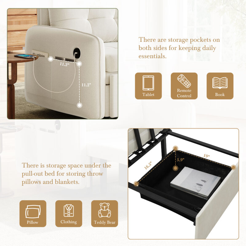 [NEW] 3-in-1 Sleeper Chair Bed, 80" Extra Long Pull Out Sleeping Lounge with USB Charging, Storage Pockets and Box, Tufted Design, Multi-Functional Chenille Single Sofa Bed for Living Room&Apartment - Image 23