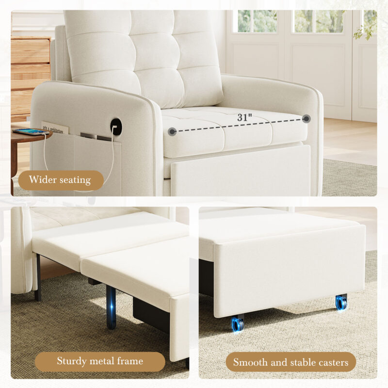 [NEW] 3-in-1 Sleeper Chair Bed, 80" Extra Long Pull Out Sleeping Lounge with USB Charging, Storage Pockets and Box, Tufted Design, Multi-Functional Chenille Single Sofa Bed for Living Room&Apartment - Image 21