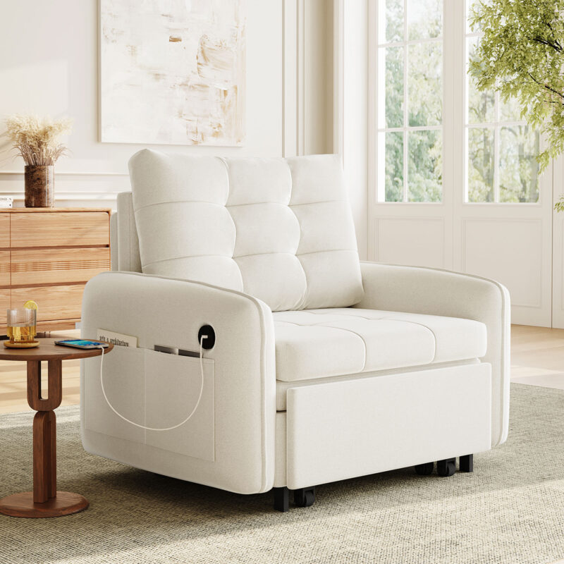 [NEW] 3-in-1 Sleeper Chair Bed, 80" Extra Long Pull Out Sleeping Lounge with USB Charging, Storage Pockets and Box, Tufted Design, Multi-Functional Chenille Single Sofa Bed for Living Room&Apartment - Image 19