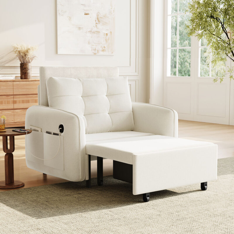 [NEW] 3-in-1 Sleeper Chair Bed, 80" Extra Long Pull Out Sleeping Lounge with USB Charging, Storage Pockets and Box, Tufted Design, Multi-Functional Chenille Single Sofa Bed for Living Room&Apartment - Image 25